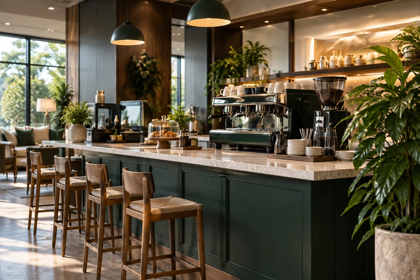 Warm wood and forest-green coffee bar with an espresso machine