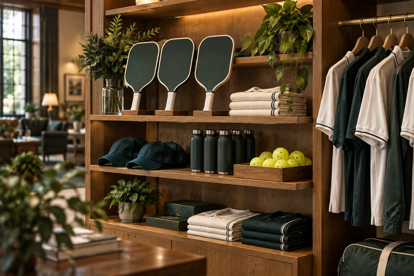 Pickleball paddles, apparel, and accessories displayed in the Pro Shop